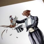 Painting of the top half of a chocolate Labrador wearing a suit pulling a pheasant from a hat on white paper