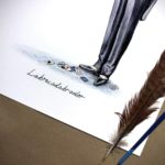 Legs and feet in a smart magician outfit next to a pack of cards scattered on the floor on white paper background