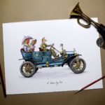 Print of a smartly dressed fox driving a blue vintage car with two chickens in the back on a white background