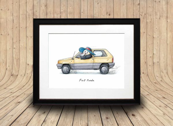 Print of an old yellow fiat panda car being driven by a panda wearing a sunhat in a black frame on a curved wooden background