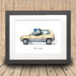 Print of an old yellow fiat panda car being driven by a panda wearing a sunhat in a grey frame on a curved wooden background