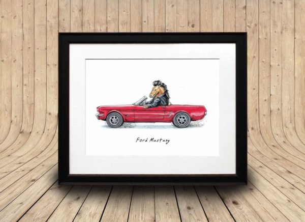 Print of a Mustang horse wearing a leather jacket driving a red ford mustang car in a black frame on a wooden background
