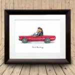 Print of a Mustang horse wearing a leather jacket driving a red ford mustang car in a dark wood frame on a wooden background