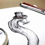 Top half of a black and white drawing of an eel wearing a top hat on a white background