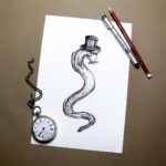 Black and white print of an eel wearing a top hat on a white background