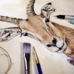 Highly detailed painting of an impala’s head and the top of its neck which shows it wearing a purple decorative bow tie