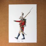 Print of a hare marching dressed in red British army uniform holding a musket on a white background