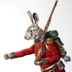 Top half of a hare dressed in British military uniform holding a musket and wearing a backpack with one arm outstretched