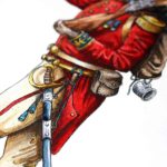 Detailed painting of a British military uniform showing the red coat, sword, musket and backpack