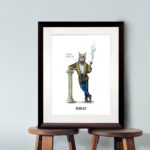 Print of a smartly dressed bobcat smoking a pipe leaning on a pillar in a dark wood frame sitting on two wooden stalls