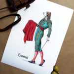 Print of an elegant liver and white Spaniel wearing a traditional Spanish matador outfit on white paper