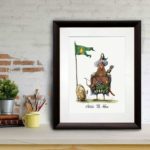 Print of a chicken dressed in a nomadic tribal outfit as Attila The 'Hen' in a dark wood frame leaning against a brick wall