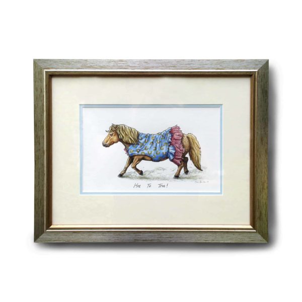 Original artwork in a silver frame of a Shetland pony trotting along in a blue dress with a horseshoe pattern and pink frills