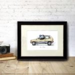 An original illustration of an old yellow fiat panda car being driven by a panda wearing a sunhat in a black frame on a desk