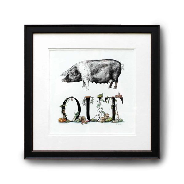 Original pen & ink illustration of a saddleback pig and lettering decorated with vegetables in a black frame on a white wall