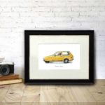 Original illustration of a robin wearing a woolly hat driving a yellow reliant robin car in a black frame on a wooden desk